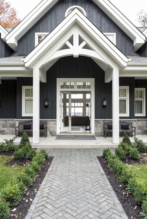 Dreamy waterfront cottage has rustic yet refined details on Lake Simcoe Rustic Cottage Exterior, Cottage Exterior Colors, Farmhouse Exterior Colors, Ontario Cottages, Double Doors Exterior, Farmhouse Exterior Design, Waterfront Cottage, Cottage Exterior, Cottage Style Decor