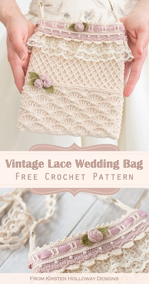 Crochet Vintage Wedding Bag | {Free Pattern Tutorial} | Kirsten Holloway Designs - Kirsten Holloway Designs Kirsten Holloway Designs, Cottage Core Crochet Patterns Free, Vintage Crochet Bag, Vintage Crochet Bags, Crochet Patterns Tutorial, Vintage Crochet Patterns Free, Crochet Accessories Pattern, Crochet Patterns Bag, Crochet Bag Design