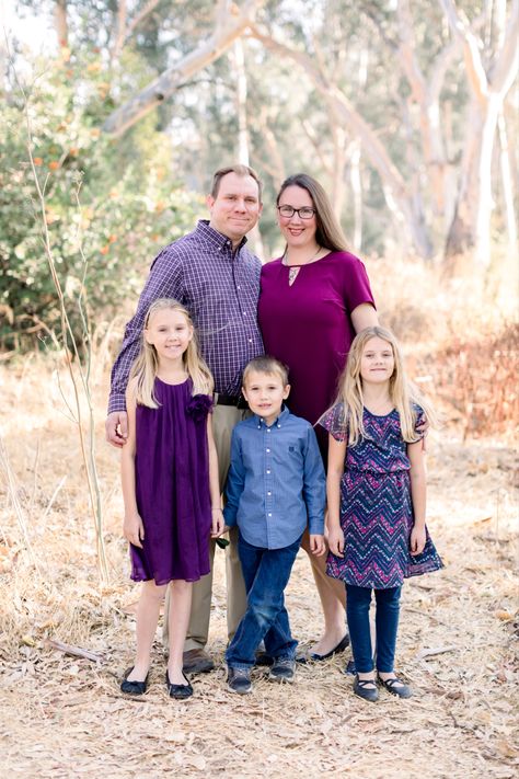 Purple Theme Family Photos, Magenta Family Photo Outfits, Family Photos Purple Outfit Ideas, Blue And Purple Family Photos, Purple Family Photo Outfits, Purple Family Pictures Outfits, Rust Color Outfits, Family Photos Purple, Purple Family Pictures