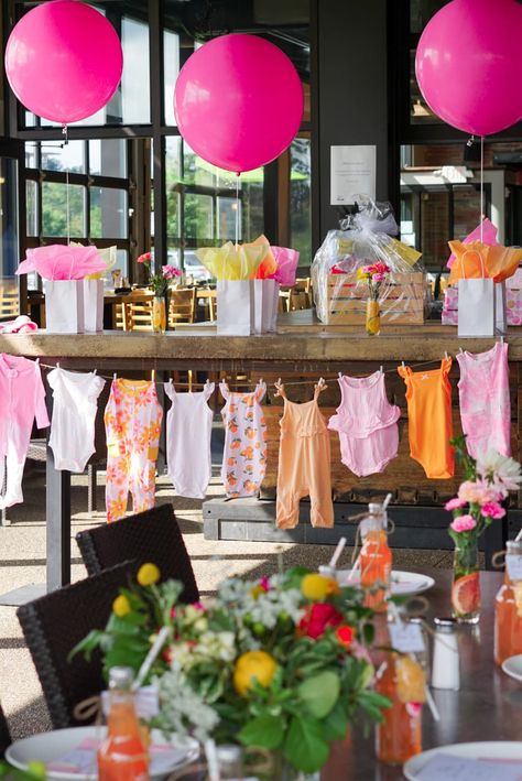 Summer Fruit Baby Shower Theme, Baby In Bloom Shower Ideas Bright Colors, Bright Floral Baby Shower Ideas, Tutti Frutti Baby Shower Theme, Colourful Baby Shower Theme, Baby Girl Shower Ideas Summer, Baby Girl Baby Shower Ideas Summer, Pink Orange Baby Shower Ideas, Baby Shower Food Summer