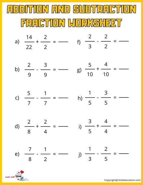 Add And Subtract Fraction Worksheet For Fourth Grade | FREE Download Subtraction With Borrowing, Fraction Worksheet, Subtract Fractions, Add And Subtract Fractions, Subtracting Fractions, Fractions Worksheets, Number Worksheets, Adding And Subtracting, Math Numbers