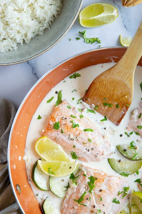 Saucy Salmon And Shrimp In Coconut Milk, Poached Salmon In Coconut Lime Sauce, Salmon With Coconut Milk, Salmon In Coconut Milk, Basic Salmon Recipe, Salmon Coconut Milk, Coconut Milk Salmon, Fish In Coconut Milk, Coconut Salmon