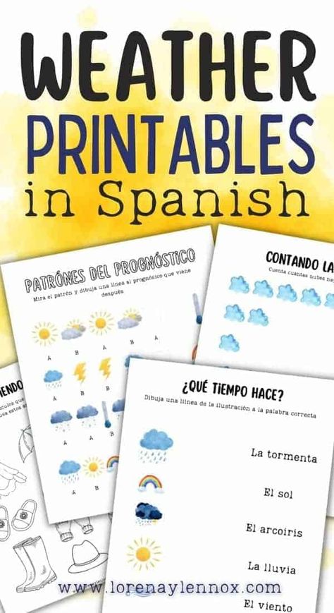 Weather Activities in Spanish Worksheets with flashcards. These activities are perfect for the bilingual homeschool and for Spanish class! Spanish Weather Worksheets, Spanish Weather Activities, Spanish For Preschoolers, Weather Printables, School Times, Spanish Weather, Spanish For Kids, Free Spanish Lessons, Bilingual Activities