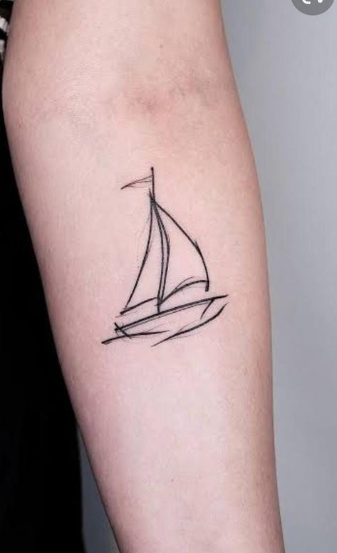 Feminine Boat Tattoo, Small Sailing Tattoo, Sailboat Sketch Tattoo, Cute Boat Tattoo, Minimal Boat Tattoo, Sailing Boat Tattoo Simple, Minimalist Ship Tattoo, Sailing Tattoo Ideas, Simple Ship Tattoo