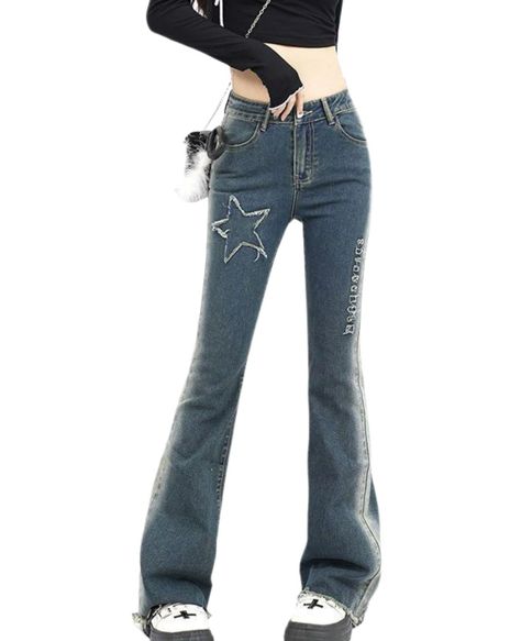 PRICES MAY VARY. 30%-50%Cotton Imported Zipper closure Material: This is a star flared jeans y2k. y2k jeans for women is made of cotton and polyester, which are skin-friendly, soft, elastic and comfortable to wear all year round. Design: Aesthetic y2k flare jeans flare bottom, high rise, zip off, long trousers. Highlight your waistline and give you chic and cool look. Features: Teen girl flared jeans y2k/vintage y2k flare jeans/ high waist denim pants y2k/vintage pants y2k, /star graphic print j Fashion Flared Jeans, Baggy Aesthetic, Y2k Flare Jeans, Flare Jeans Y2k, Y2k Star, Star Graphic, Pants Y2k, Aesthetic Streetwear, Aesthetic Y2k