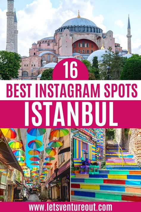 photo collage of the pink hagia sophia mosque, colorful umbrellas and rainbow stairs in istanbul Istanbul Turkey Map, Places In Istanbul, Istanbul Map, Turkey Travel Guide, One Word Instagram Captions, Istanbul Photography, Turkey Destinations, Istanbul Travel, Blue Mosque