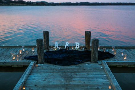 Lake and Sunset Romantic Marriage Proposal on The Knot's HowHeAsked Lake Dock Proposal Ideas, Dock Proposal Ideas, Proposal By The Lake, Dock Proposal, Proposal Ideas Lake Dock, Lake Proposal Ideas, Country Proposal Ideas, Marriage Proposals Beach, Lake Proposal