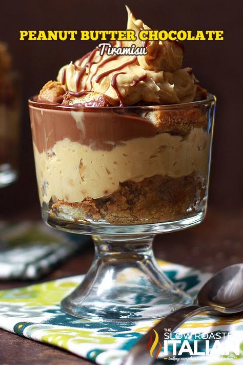 Peanut Butter Chocolate Tiramisu from theslowroasteditalian.com #chocolate #recipe Peanut Butter Tiramisu, Chocolate Tiramisu Recipe, Classic Tiramisu Recipe, Chocolate Peanutbutter, Chocolate Tiramisu, Trifle Dish, The Slow Roasted Italian, Trifle Desserts, Peanut Butter And Chocolate