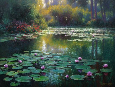 water lilies in a pond Pond Background Art, Pond Reference Photo, Painting Pond Water, Pond Landscape Painting, How To Draw A Pond, Pond Reference, Water Lilies Photography, Lily Pad Lake, Lilypad Pond