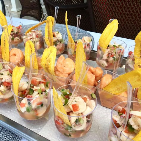 Octopus ceviche, shrimp cocktail Shrimp And Cocktail Sauce Display, Shrimp Cocktail Display Appetizers, Ceviche Cups Appetizers, Mini Ceviche Cups, Shrimp Cocktail Display, Octopus Ceviche, Ceviche Bar, Ceviche Shrimp, Pool Party Food