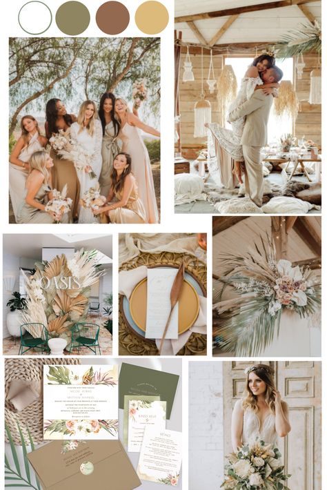 Earth Color Palette Wedding, Green Gold Ivory Wedding Color Schemes, All White Wedding Theme Color Palettes, Boho Wedding Colour Scheme, Wedding Tone Color, Olive And Mustard Wedding, Boho Wedding Colour Palette, Earth Tones Palette Wedding, Earth Tone Beach Wedding