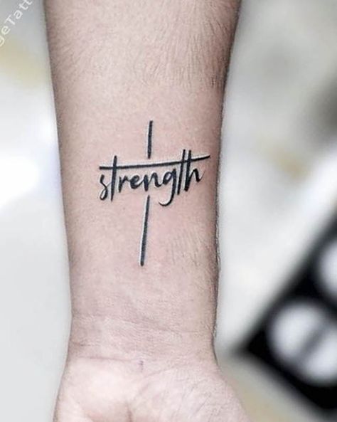 Tattoo Strength Men, Tatoos Strength Symbols, Courage And Strength Tattoo, Cross Strength Tattoo, Small Tattoos Meaning Strength, Cross Strength Tattoos For Women, The Lord Is My Strength Tattoo, Hope Tattoos For Women Symbol, Small Strength Tattoo