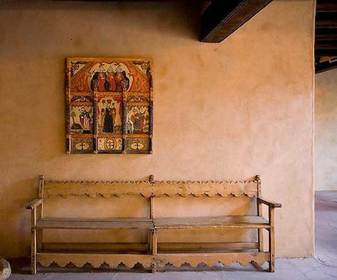 Los Poblanos, New Mexico, Territorial Revival, Adobe Construction Pueblo Revival, Southwestern Furniture, Mexican Interiors, Spanish Furniture, New Mexico Style, Carved Bench, Mexican Furniture, Adobe Home, Mexico Design