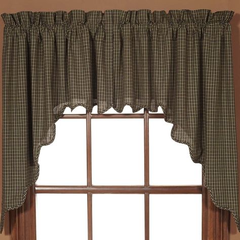 Bring a primitive look to any window with the Kettle Grove Plaid Swag Scalloped Set with its black and tan micro check fabric. Primitive Kitchen Curtains, Primitive Curtains, Scalloped Valance, Balloon Valance, Swag Curtains, Primitive Bathrooms, Americana Home, Country Kitchen Cabinets, Tier Curtains