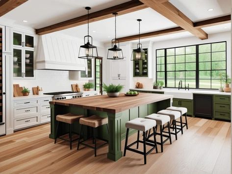 Green Kitchen Island Ideas, Kitchen No Upper Cabinets, Flamingo Kitchen, Patio Plan, Practical Home Decor, Painted Kitchen Island, Green Kitchen Island, Timeless Kitchen Design, Wren Kitchen