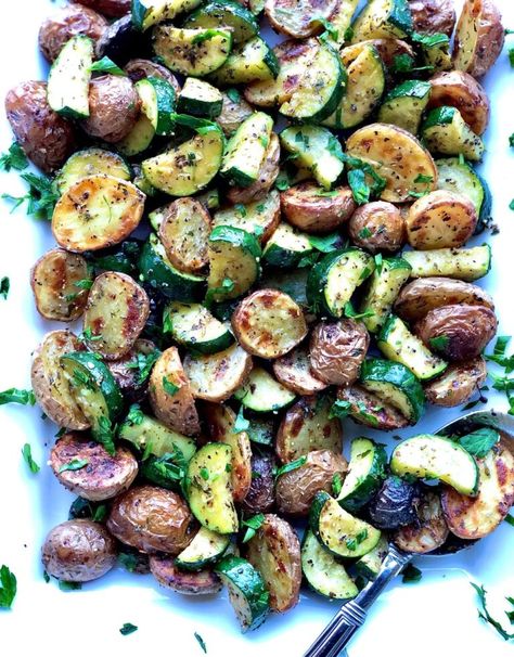 Roasted Potatoes and Zucchini - The Menu Maid Roasted Potatoes And Zucchini, Oven Roasted Squash, Potatoes And Zucchini, Baked Red Potatoes, Oven Roasted Zucchini, Oven Roasted Red Potatoes, Zucchini In The Oven, Zucchini Side Dishes, Roasted Baby Potatoes