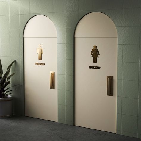 Public Bathrooms Design, Cafe Restroom Design, Cool Public Bathrooms, Wc Door Design, Public Toilet Design Ideas, Public Wc Design, Toilet Sign Design Creative, Toilet Signage Design, Public Toilet Interior