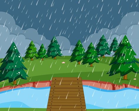 Free vector flat raining nature landscap... | Free Vector #Freepik #freevector #rain-cartoon #rain-sky #park #landscape-background Scenes Illustration, Rain Cartoon, Rain Clipart, Illustration Scene, Rain Illustration, Scene Illustration, River Pictures, Iphone Wallpaper Hd Nature, Landscape Background