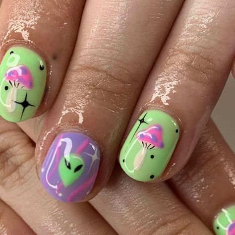 Eleza🥀 on Instagram: "Cute shrooms and alien heads on these shorties! Start of a builder journey for @caseykatsu, it was such a pleasure to meet you!!💖💖💖 Time taken: 2hrs (fresh builder and art) Books currently closed✨ #slayernailz #nailinspo #kawaiinails #spookyseason #spookynails #gothnails #mushroomnails #aliennails #naildesign #flamenails #firenails #biabnails #nailinspo #biab #kawaiinailart #nailinspo #pastelnails #smallbusiness #gelnails #gelnailsdesign #nails #gelnailart #nailart #han Cute Alien Nails, Rainbow Mushroom Nails, Pastel Goth Nail Art, Short Festival Nails, Alien Nails Design, Shroom Nails, Alien Nail Art, Adventure Time Nails, Pastel Goth Nails