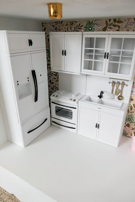 DIY Dollhouse Makeover Project - Alex Marie Jordan Barbie Dollhouse Makeover Diy, Diy Barbie Kitchen Cabinets, Barbie Kitchen Makeover, Dollhouse Makeover Ideas, Barbie Kitchen Diy, Barbie Furniture Makeover, Diy 1:6 Scale Doll Furniture, Doll Kitchen Diy, Diy Barbie House Furniture