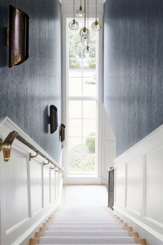 Stairwell Wall Ideas Wallpaper, Enclosed Stairwell Ideas, Basement Stairwell Wallpaper, Enclosed Stairwell Wall Ideas, Stair Wall Beading, Stairwell With Wallpaper, Stairwell Design Ideas, Wallpaper Going Up The Stairs, Stairwell Wainscoting Staircases