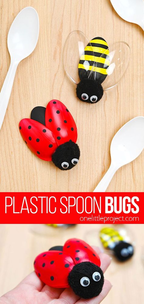 This plastic spoon bug craft is SO CUTE! It's such a great recycled craft for summer or an insect unit at school. Use simple dollar store supplies to make a cute ladybug or bumblebee. This bug craft is so fun and easy to make! Preschool Crafts Easy Simple, Easy School Age Crafts, Elementary Crafts Easy, How To Make A Ladybug Craft, Simple Crafts For 1st Grade, Fun Halloween Projects For Kids, Diy Garden Crafts For Kids, Plastic Spoon Ladybug, Easy 1st Grade Crafts