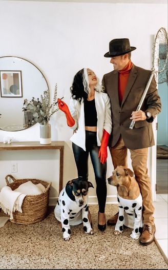 Halloween Costume Diy Woman, 101 Dalmations Family Costumes, Cruella Dalmation Costume, Woman And Dog Halloween Costumes, Cruella Couple Costume, Couples Customes Halloween, Cruella And Dalmation Costume, Halloween Costumes Ratatouille, Halloween Woman Costumes