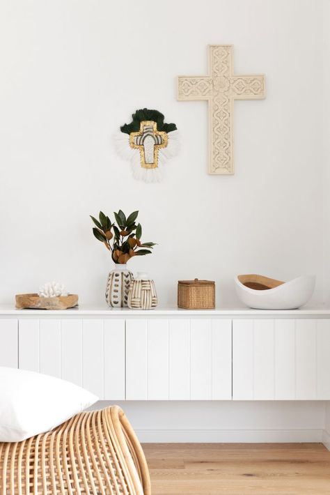 Vj Board Hallway, White Sideboard Styling, Timber Buffet Styling, White House Timber Door, White Console Table Decor, White Timber Coffee Table, Kmart Rattan Sideboard, Vase Styling, Cross Artwork