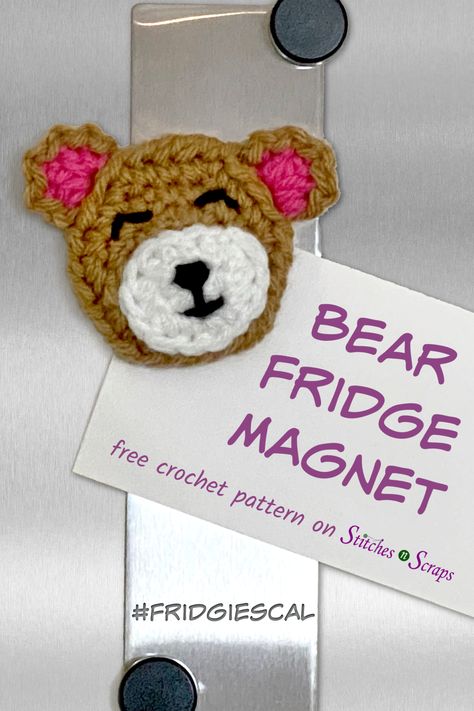 This darling little bear is happy to hold your photos and notes for you. With this quick pattern, you can crochet a whole bunch of bear fridge magnets for your fridge! #bear #magnet #fridgie #fridgemagnet #teddybear #crochet #FridgiesCAL #StitchesnScraps #LionBrand #Xyron Crochet Pattern Stitches, Bear Fridge, Crochet A Bear, Selling Crafts, Crochet Applique Patterns Free, Crochet Embellishments, Crochet Friends, Spring Craft, Crochet Bookmarks