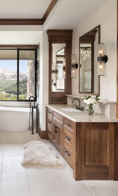 Luxury Bathroom Master Baths Transitional, Modern Cabin Master Bath, Mountain Traditional Home, Lodge Master Bath, Master Bath With Brown Cabinets, Contemporary Ranch Home Interior Decor, Modern Country Style Bathroom, Rustic Primary Bathroom, Tuscan Mountain Home