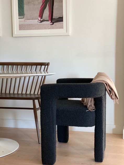 Black boucle chair CB2 Dinning Nook Cb2 Boucle Chair, Black Boucle Dining Chair, Black Boucle Chair, Oval Tulip Table, Boucle Bench, Boucle Chair, Walnut Bench, Studio Aesthetic, Black Couches