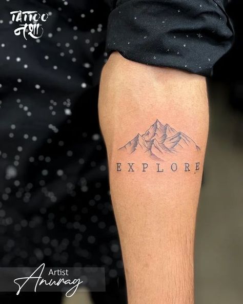 Mountain Shoulder Tattoo Men, Mountain Silhouette Tattoo, Patagonia Tattoo, Mountain Tattoo Men, Outdoor Tattoos For Men, Small Mountain Tattoo, Berg Tattoo, Mountain Couple, Men's Small Tattoo