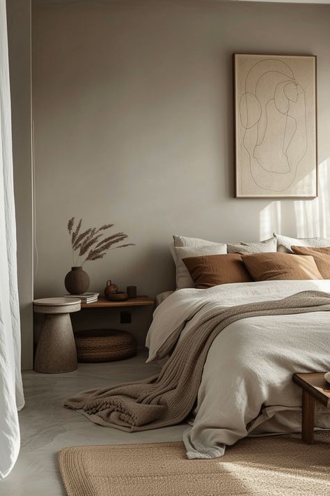 37+ Earthy Modern Bedroom Ideas to Make You Feel Grounded Bedroom In Earthy Tones, Bedroom Bohemian Modern, Grey Wall Bedroom Ideas Decor, Olive And Brown Bedroom, Mid Century Minimalist Bedroom, Earthy Tones Decor, Brown Tone Bedroom, Taupe Walls Bedroom, Grey Brown Bedroom