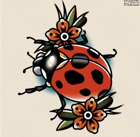 Traditional Tattoo Tutorial, Ladybug Tattoo, Traditional Tattoo Inspiration, American Traditional Tattoo Ideas, Traditional Tattoo Flowers, Traditional Tattoo Ideas, Traditional Tattoo Designs, Lady Bug Tattoo, Bug Tattoo