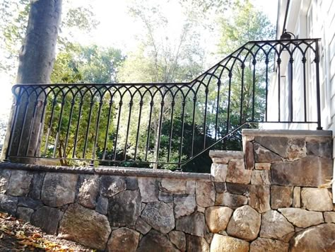 Decorative Wrought Iron Railing Iron Porch Railing Ideas, Iron Porch Railing, Wrought Iron Railing Exterior, Wrought Iron Porch Railings, Exterior Railing, Iron Balcony Railing, Wooden Fence Posts, Porte In Ferro, Wrought Iron Stair Railing