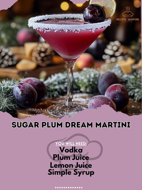 1. Unleash your inner mixologist with our super festive holiday cocktail! 🍸🎅🎄 2. Sugar Plum Dream Martini 3. Ingredients: - 2 oz Vodka (60ml) - 1 oz Plum Juice (30ml) - 1/2 oz Lemon Juice (15ml) - 1/2 oz Simple Syrup (15ml) - Ice Cubes - Sugar for rimming - Plum slices for garnish 4. Instructions: - Rim the martini glass with sugar. - In a shaker, combine the vodka, plum juice, lemon juice, and simple syrup. - Fill the shaker with ice and shake until well chilled. - Strain the mixture int... Sugar Plum Martini, Sugar Plum Mimosa, Sugar Plum Cocktail, Plum Cocktails, Plum Juice, Festive Holiday Cocktails, Christmas Yummies, Iced Drinks Recipes, Sugar Plum Fairy