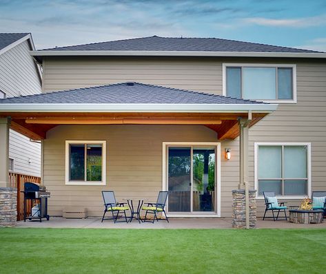 TnT Builders | Hipped Patio Cover with Fire Pit 12 X 12 Patio Ideas, Patio Roof Ideas Attached To House, Covered Patio With Hot Tub, Covered Patio Extension Ideas, Turf Yard, Ceiling Recessed Lighting, Covered Patio Plans, Small Covered Patio, Outdoor Recessed Lighting