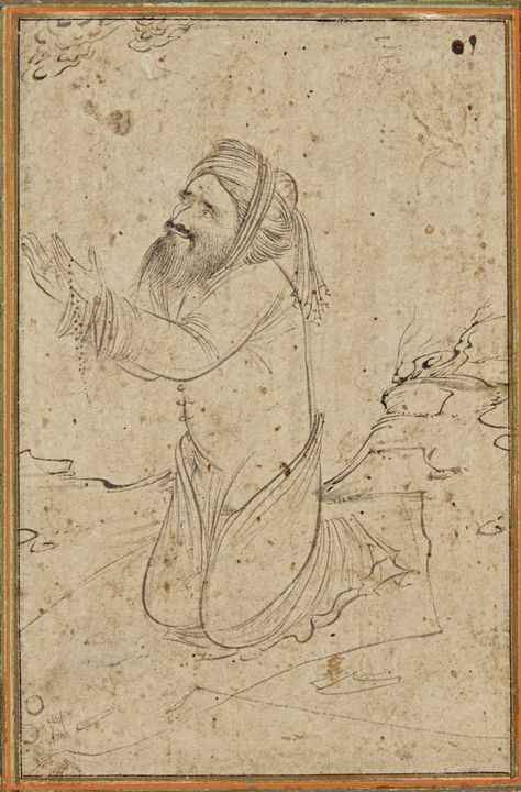 A drawing of a dervish within a rocky landscape, style of Reza-i 'Abbasi, Persia, Safavid, 17th century Reza Abbasi, Islamic Crafts, Rocky Landscape, Persian Art Painting, Persian Miniature, Heritage Crafts, Iranian Art, The Prophet, Islamic World