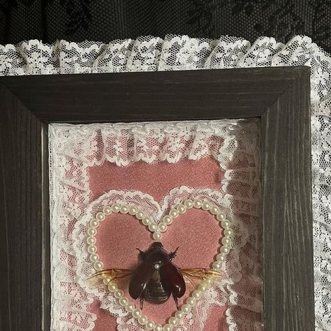 *゜ﾟ･ Bitter Beetlez ･゜ﾟ* on Instagram: "Rhino beetle Shadow Frame 🎀💗 Handmade and one of a kind. Rhino beetle on a heart doily with lace and pearls <3 made with love $165 + shipping or pickup for free in broward/dade . . . Tags: #bugs #oddities #insects #entomology #curiosities #curiosidades #framedbugs #framedart #oddcore #odd #creepycore #shadowbox #vultureculture #insectpinning #insectsofinstagram #cottagecore #pinkaesthetic #bimbocore #barbie #lace #ballerinacore #beetle" Bug Diorama, Bug Preservation, Oddity Artwork, Oddities Aesthetic, Spider Taxidermy, Insect Aesthetic, Bug Pinning, Beetle Decor, Oddity Decor