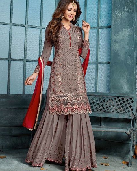 Shop Latest Indian Ethnic Wear Collection of Palazzo Suits & dress material salwar kameez salwar suit designers dresses Eid dresses  for Women at Hatkay.com  #palazzo #designersuits #gharara #sharara #womensfashion #eidclothing #eid #indianfashion #hatkay Trouser Embroidery, Orang India, Chiffon Embroidery, Plazzo Suits, Dresses Pakistani, Fancy Embroidery, Sleeves Embroidery, Embroidery Wedding, Gaun Fashion