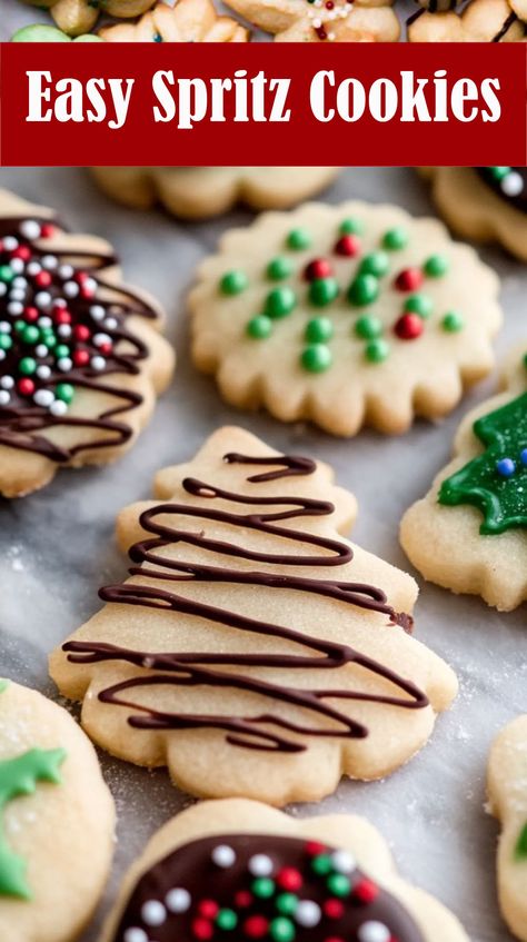 Spritz Cookies are a festive and versatile treat, perfect for holiday celebrations or any occasion that calls for a touch of sweetness! This easy-to-make cookie dough requires no chilling, making it quick to prepare. Simply use a cookie press to create intricate shapes and let your creativity shine with decorations like sprinkles, chocolate drizzle, or chocolate chips. Spritz Cookies No Press, Spritz Cookies Without Cookie Press, Easy Spritz Cookie Recipe, Cookie Press Recipes, Christmas Spritz Cookies, Spritz Cookie Recipe, Easy To Make Cookies, Spritz Cookies, Cookie Press