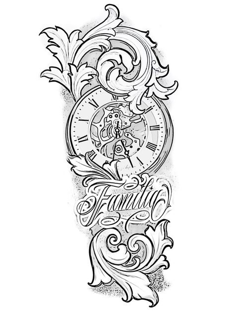 Half Sleeve Tattoo Drawings For Men, Clock Half Sleeve Tattoo, Clock Tattoo Design For Men, Clock Tattoo Stencil, Half Sleeve Tattoo Stencils, Animal Sleeve Tattoo, Filigree Tattoo, Half Sleeve Tattoos Drawings, Clock Tattoo Design