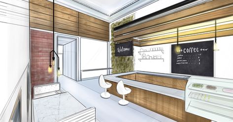 cafe Perspective Drawing Interior, 2 Point Perspective Drawing, Two Point Perspective, Drawing Furniture, Interior Ceiling Design, Perspective Drawing Architecture, Drawing Interior, One Point Perspective, Interior Design Sketch