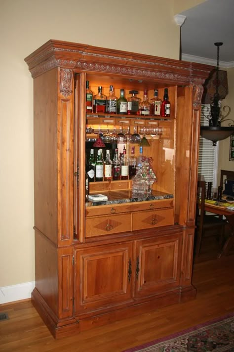 Repurposed Entertainment Center as a Bar (www.ChefBrandy.com) Repurposed Entertainment Center, Repurposed Armoire, Bar Organization, Armoire Diy, Armoire Ideas, Armoire Bar, Homemade Bar, Tv Armoire, Armoire Cabinet