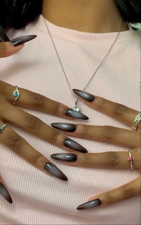 Long Nails Black And White, All Black Almond Nails, Black And Pink Aura Nails, Long Almond Nails Black, Black And White Aura Nails, Pink Long Almond Nails, Almond Nails Aura, Almond Aura Nails, Aura Nails Black