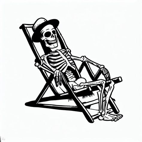 Chair Lift Tattoo, Skeleton Sitting In Chair Drawing, Skeleton Beach Tattoo, Funny Skeleton Drawing, Skeleton Sitting In Chair, Funny Skeleton Tattoo, Skeleton Tattoo Ideas, Skeleton Summer, Beach Skeleton