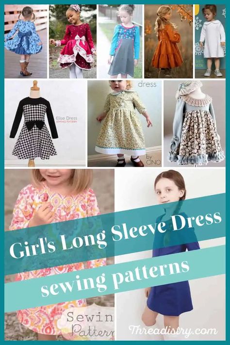 Winter Wonderland: Adorable girl's long-sleeve dress patterns for all Girls Long Sleeve Dress Pattern, Girls Christmas Dress Pattern, Long Sleeve Dress Sewing Pattern, Fancy Flower Girl Dresses, Long Sleeve Dress Pattern, Fancy Dress Patterns, Warm Winter Dresses, Basic Dress Pattern, Homemade Dress