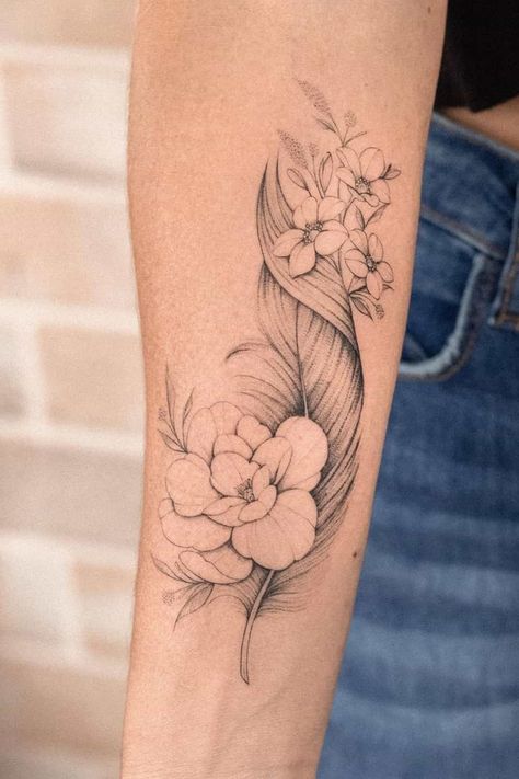 Floral Feathers Tattoo, Floral Feather Tattoo Design, Lotus Flower And Feather Tattoo, Woman’s Forearm Sleeve, Peony And Feather Tattoo, It Is What Is Is Tattoo, Feather Tattoo With Flowers, Water Lily Wrist Tattoo, Floral Feather Tattoo