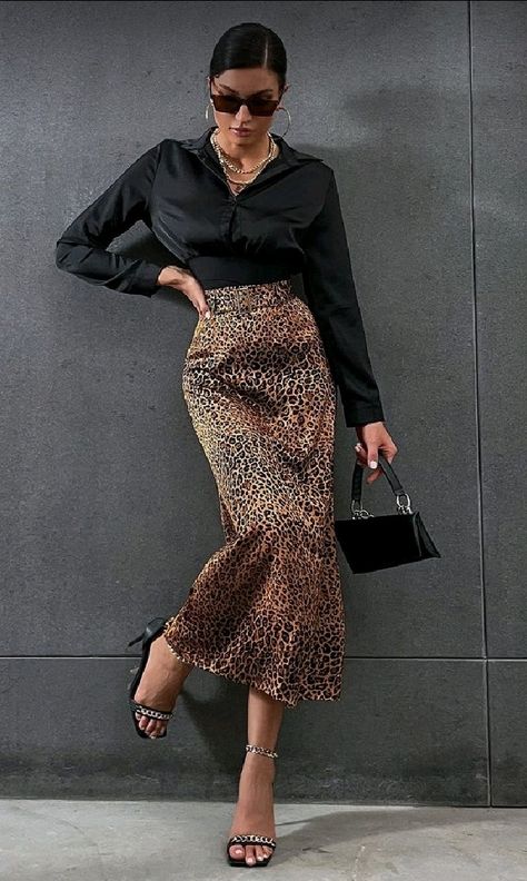 Animal Print Skirt Outfit, Leopard Print Skirt Outfit, Leopard Skirt Outfit, Silk Dresses Outfit, Printed Skirt Outfit, Leopard Print Outfits, Belted Skirt, Modest Maxi, Animal Print Outfits