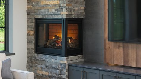 Corner Two-Sided Gas Fireplace | Heat & Glo Wood Fireplace Inserts, Fireplace Safety, Corner Gas Fireplace, Direct Vent Gas Fireplace, Direct Vent Fireplace, Gas Insert, Fireplace Heat, Fireplace Fronts, New Home Buyer